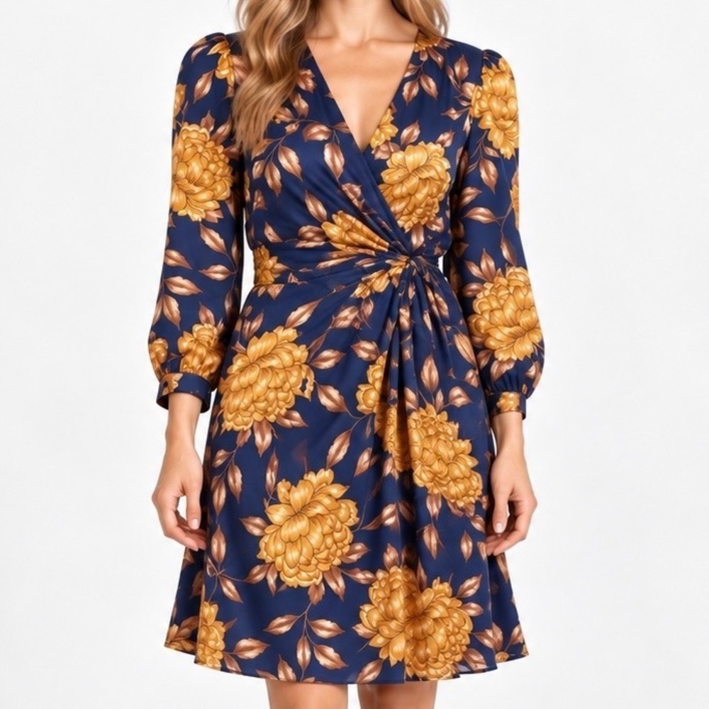 Milk & Honey Navy Blue Floral Wrap Mini Dress Long Sleeve V-Neck Small